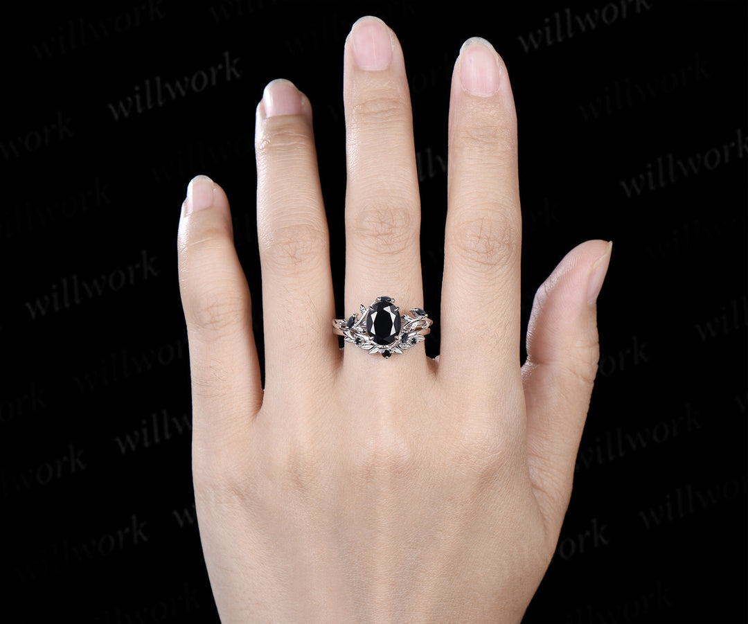 Oval Cut Black Onyx Leaf Vine Froral Ring Set & Solitaire Black Onyx Brushed Finish Men Wedding Ring Couple Ring Set