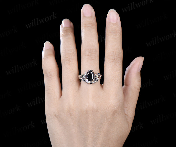 Oval Cut Black Onyx Leaf Vine Froral Ring Set & Solitaire Black Onyx Brushed Finish Men Wedding Ring Couple Ring Set