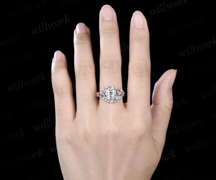 Vintage Oval Cut Moissanite Leaf Froral Ring Set & Brushed Finish Solitaire Moissanite Men Wedding Ring Nature Inspired Couple Ring Set