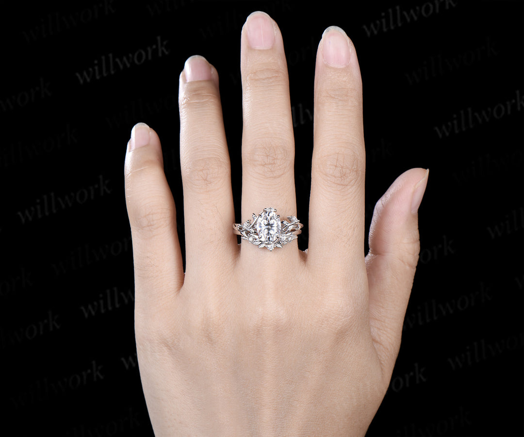 Oval Cut Moissanite Leaf Floral Ring Set & Brushed Finish Solitaire Men Wedding Ring Nature Inspired Couple Ring Set