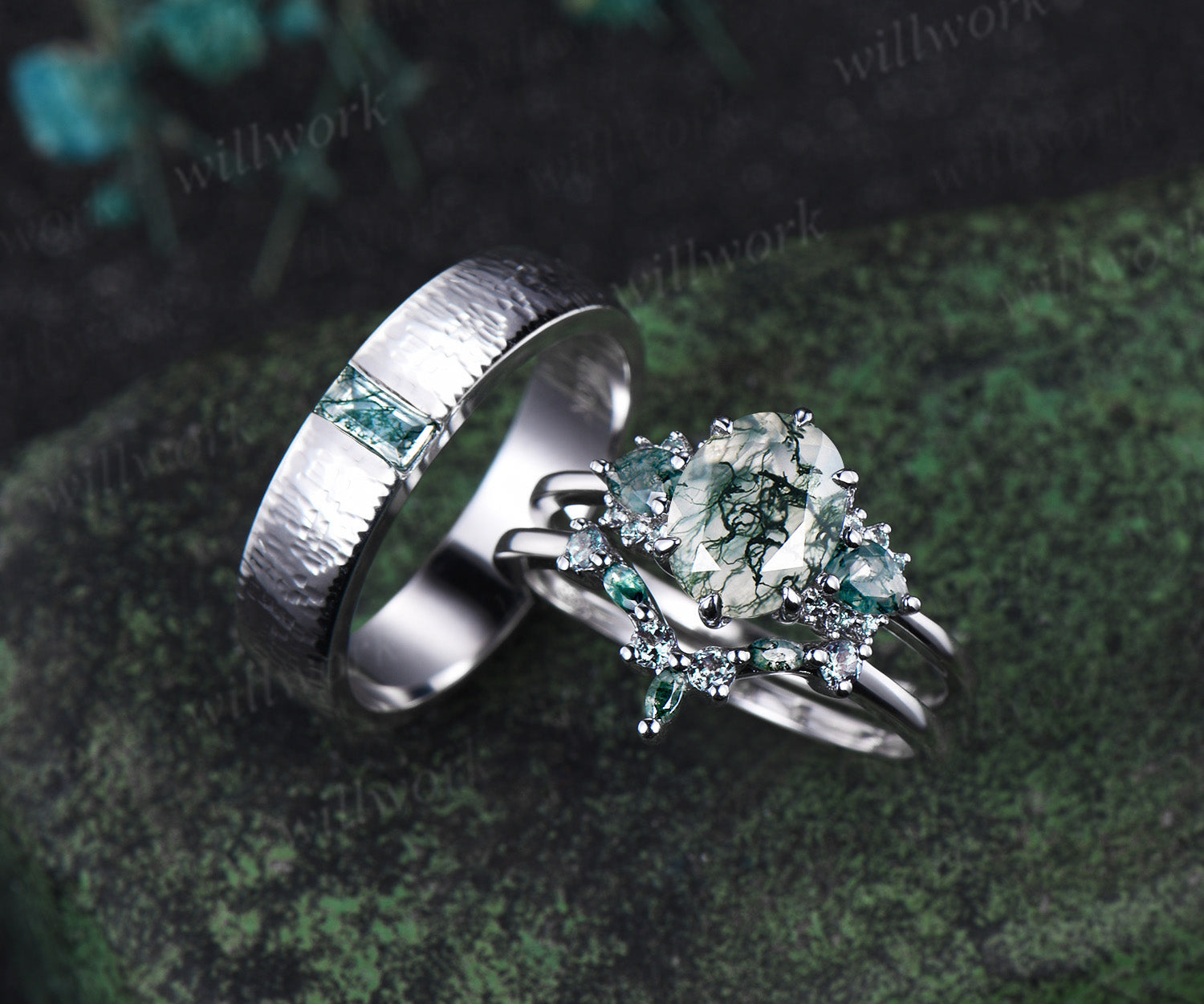 Oval Moss Agate Alexandrite Moss Agate Clusters Ring Set