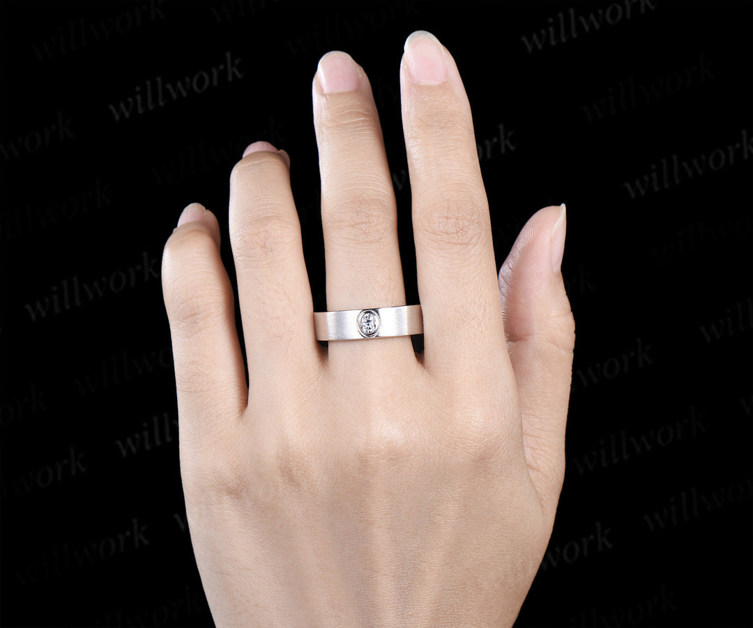Oval Cut Moissanite Leaf Floral Ring Set & Brushed Finish Solitaire Men Wedding Ring Nature Inspired Couple Ring Set