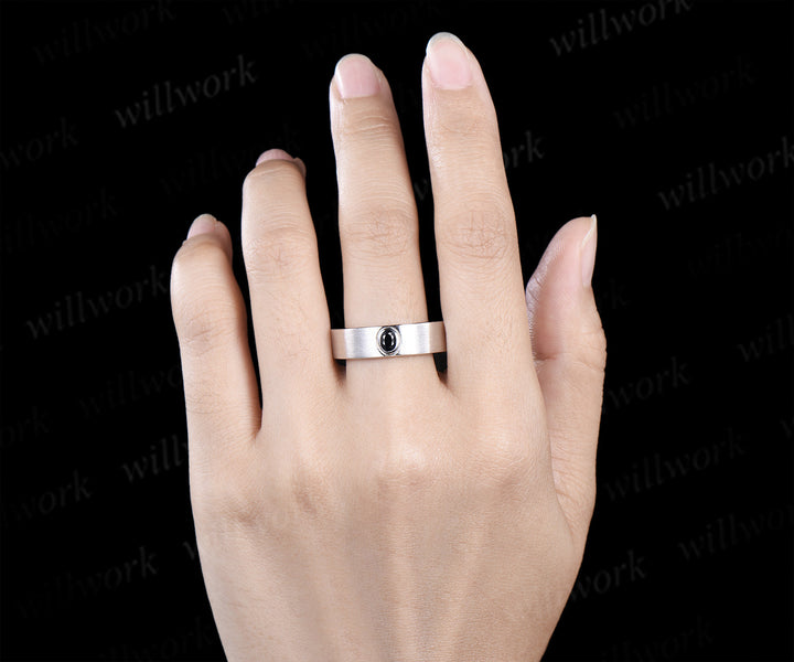 Oval Cut Black Onyx Leaf Vine Froral Ring Set & Solitaire Black Onyx Brushed Finish Men Wedding Ring Couple Ring Set