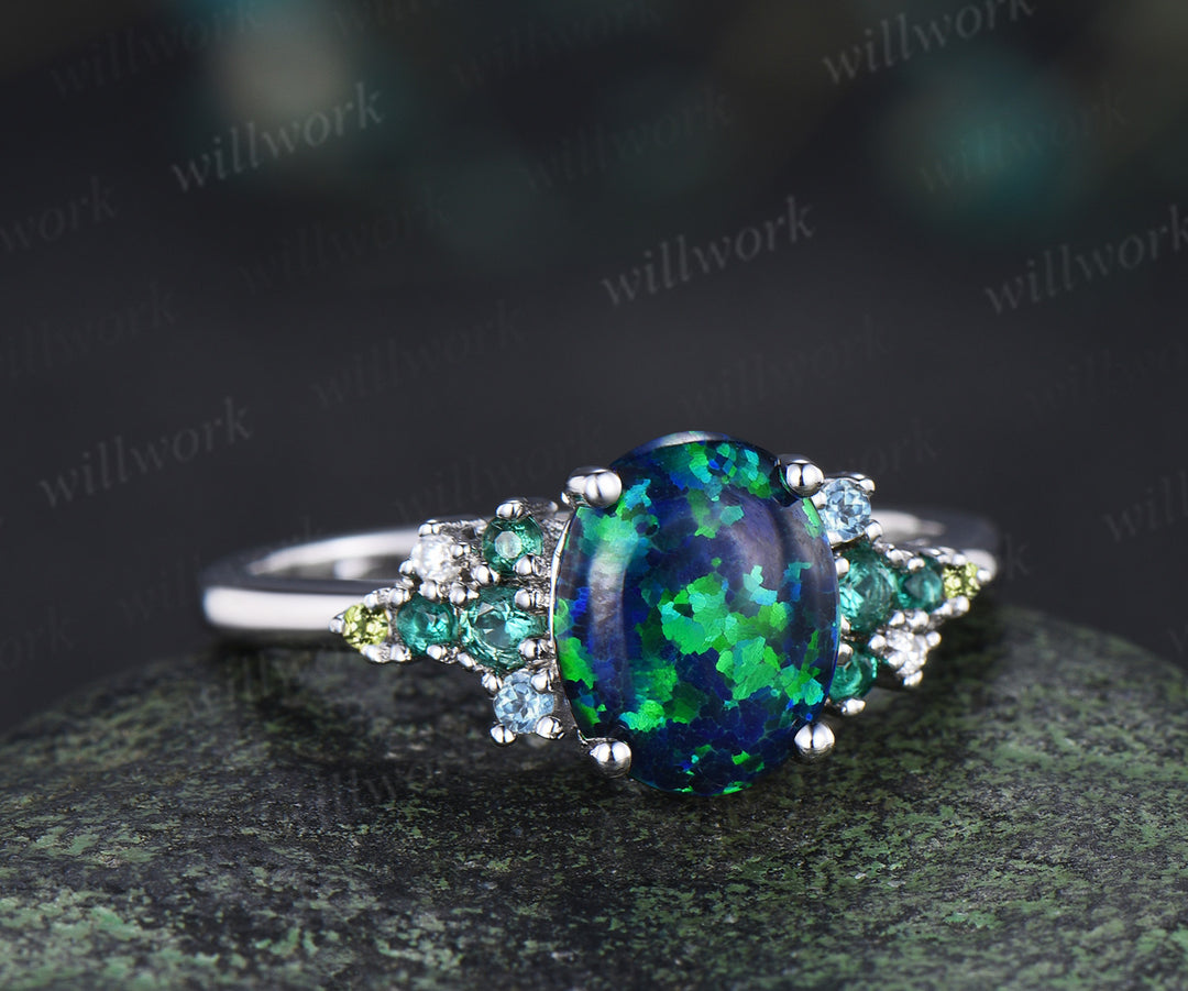 Unique oval cut black opal engagement ring emerald topaz peridot moissanites cluster ring fire opal jewelry gifts