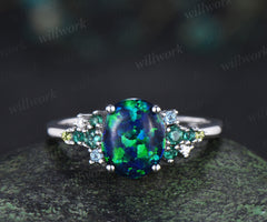 Unique oval cut black opal engagement ring emerald topaz peridot moissanites cluster ring fire opal jewelry gifts