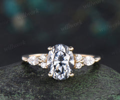 7x9mm Oval cut gray moissanite engagement ring classic seven stone marquise moissanite bridal ring unique gifts for women