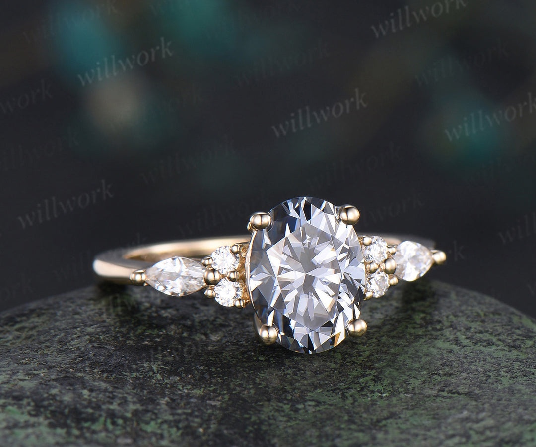 7x9mm Oval cut gray moissanite engagement ring classic seven stone marquise moissanite bridal ring unique gifts for women