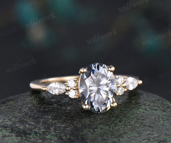 7x9mm Oval cut gray moissanite engagement ring classic seven stone marquise moissanite bridal ring unique gifts for women