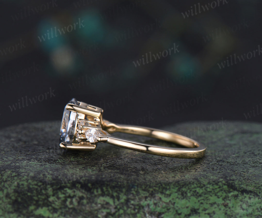 7x9mm Oval cut gray moissanite engagement ring classic seven stone marquise moissanite bridal ring unique gifts for women