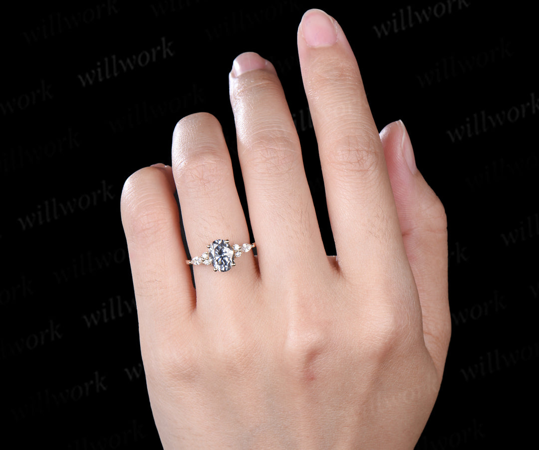 7x9mm Oval cut gray moissanite engagement ring classic seven stone marquise moissanite bridal ring unique gifts for women