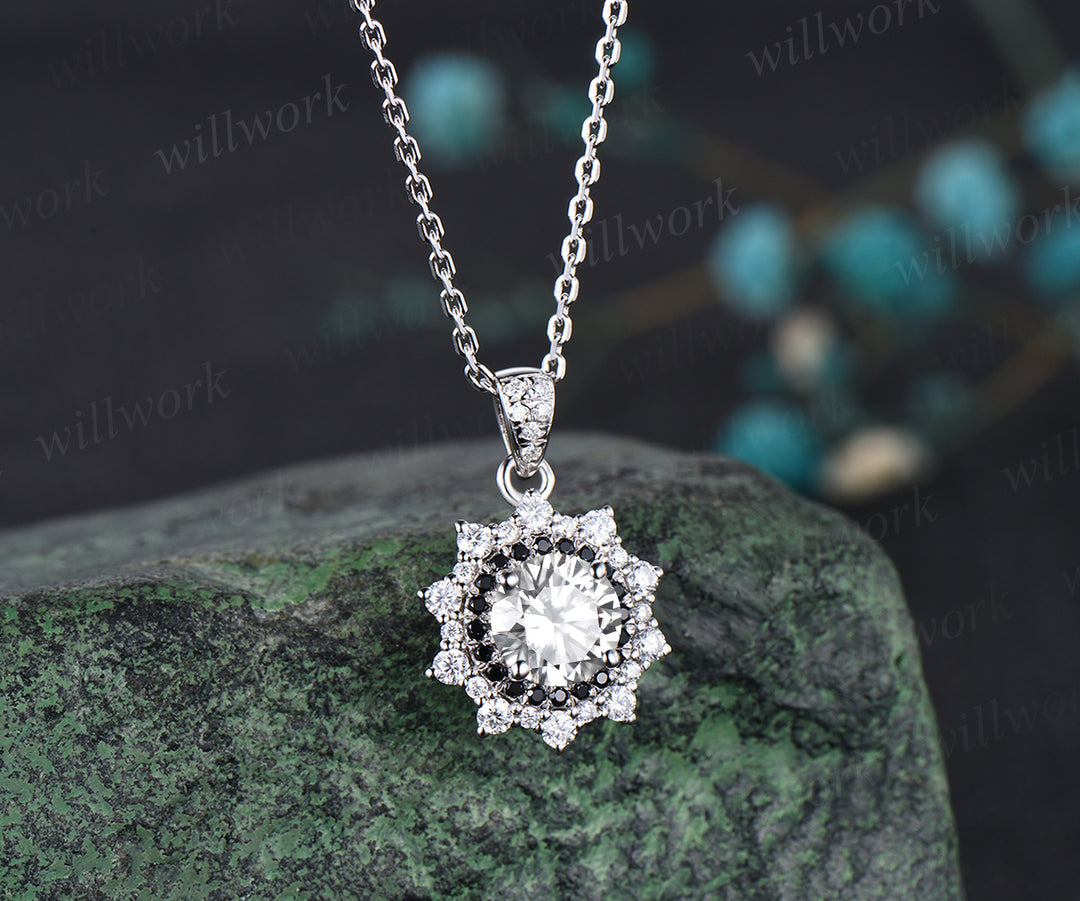 Unique Round Cut Moissanite Necklace Minimalist Delicate Double Halo Moissanite Black Spinel Diamond Pendant 14k White Gold Bridal Jewelry