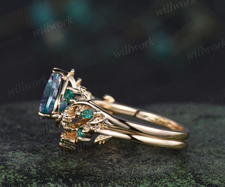 Teardrop Fantasy Cut Alexandrite Engagement Ring Leafy Vine Emerald Accent Promise Ring Vintage Celtic Knot Wedding Band Bridal Set