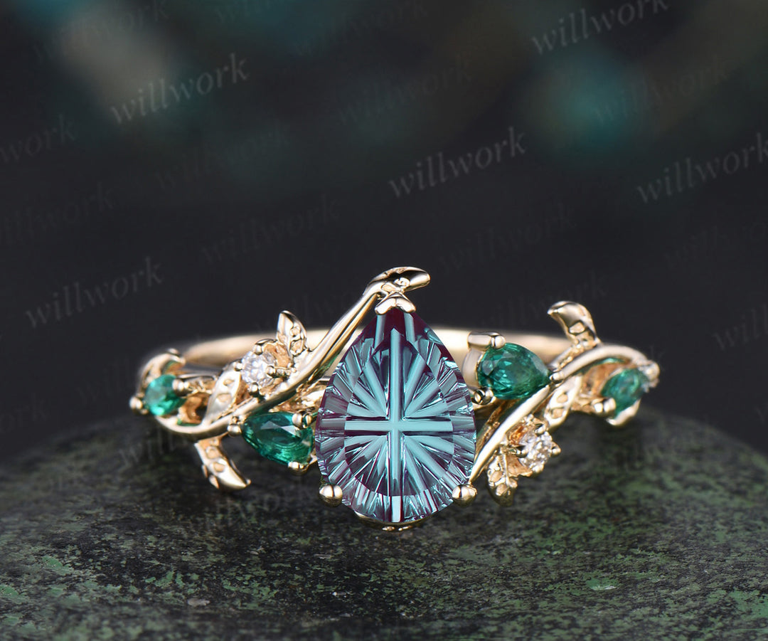 Teardrop Fantasy Cut Alexandrite Engagement Ring Leafy Vine Emerald Accent Promise Ring Vintage Celtic Knot Wedding Band Bridal Set