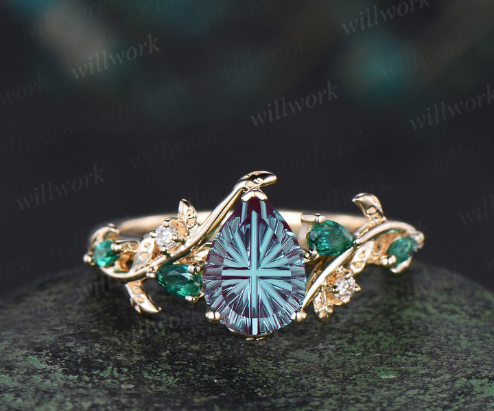 Teardrop Fantasy Cut Alexandrite Engagement Ring Leafy Vine Emerald Accent Promise Ring Vintage Celtic Knot Wedding Band Bridal Set
