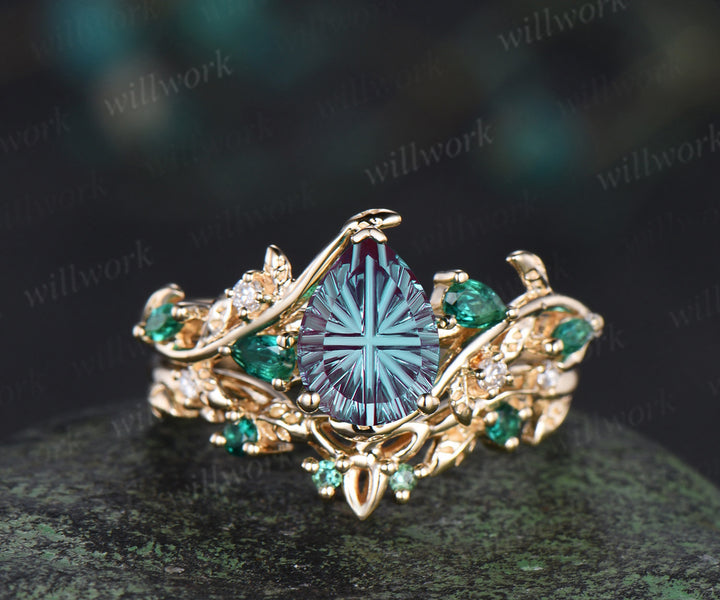 Teardrop Fantasy Cut Alexandrite Engagement Ring Leafy Vine Emerald Accent Promise Ring Vintage Celtic Knot Wedding Band Bridal Set