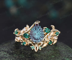 Teardrop Fantasy Cut Alexandrite Engagement Ring Leafy Vine Emerald Accent Promise Ring Vintage Celtic Knot Wedding Band Bridal Set