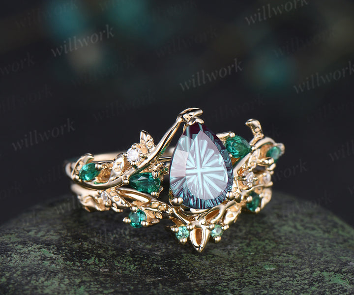 Teardrop Fantasy Cut Alexandrite Engagement Ring Leafy Vine Emerald Accent Promise Ring Vintage Celtic Knot Wedding Band Bridal Set