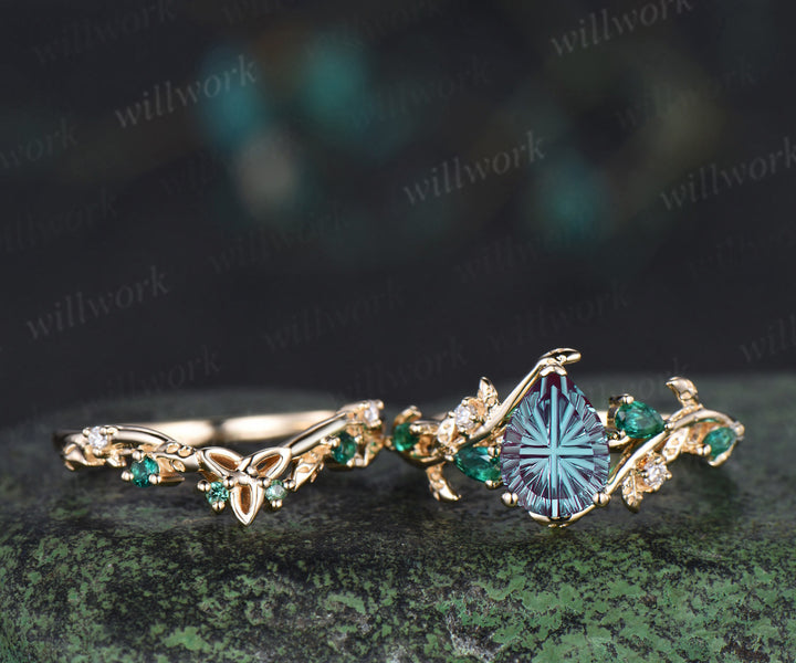Teardrop Fantasy Cut Alexandrite Engagement Ring Leafy Vine Emerald Accent Promise Ring Vintage Celtic Knot Wedding Band Bridal Set