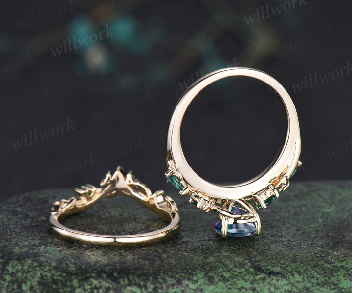 Teardrop Fantasy Cut Alexandrite Engagement Ring Leafy Vine Emerald Accent Promise Ring Vintage Celtic Knot Wedding Band Bridal Set