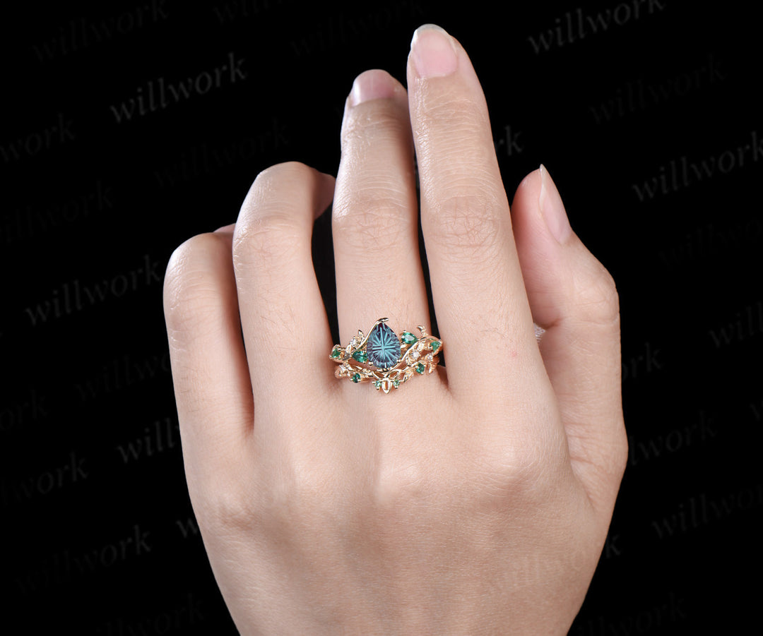Teardrop Fantasy Cut Alexandrite Engagement Ring Leafy Vine Emerald Accent Promise Ring Vintage Celtic Knot Wedding Band Bridal Set
