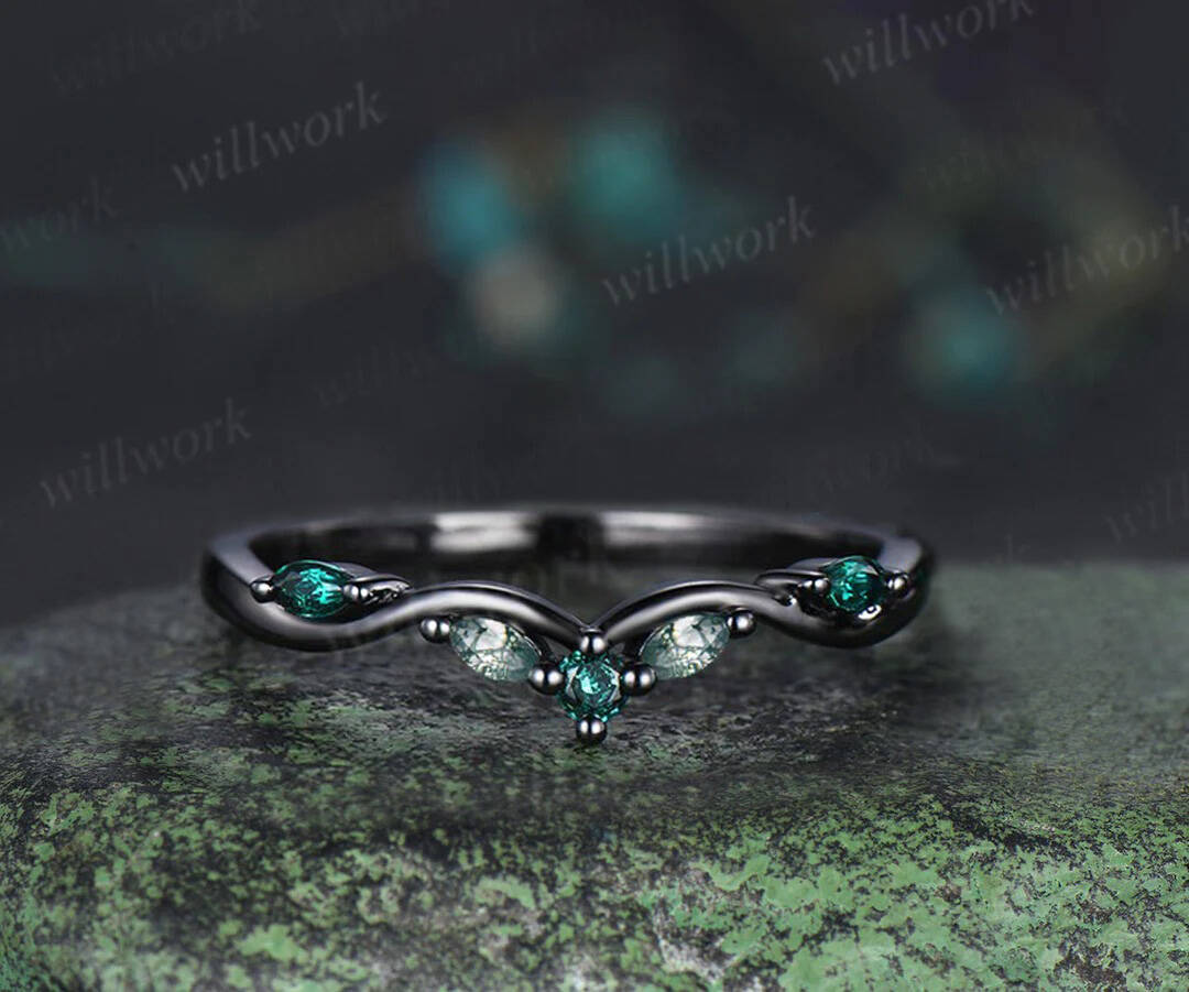 Princess moss agate engagement ring set black gold twig leaf infinity ring curved wedding band nature inspired bridal jewelry