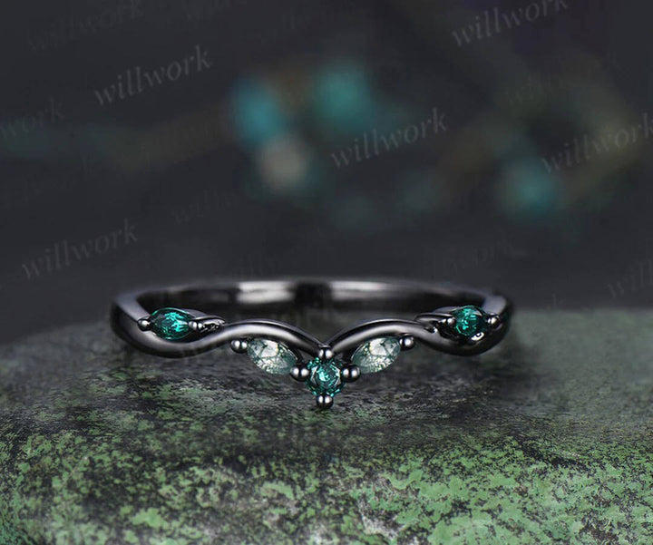 Princess moss agate engagement ring set black gold twig leaf infinity ring curved wedding band nature inspired bridal jewelry
