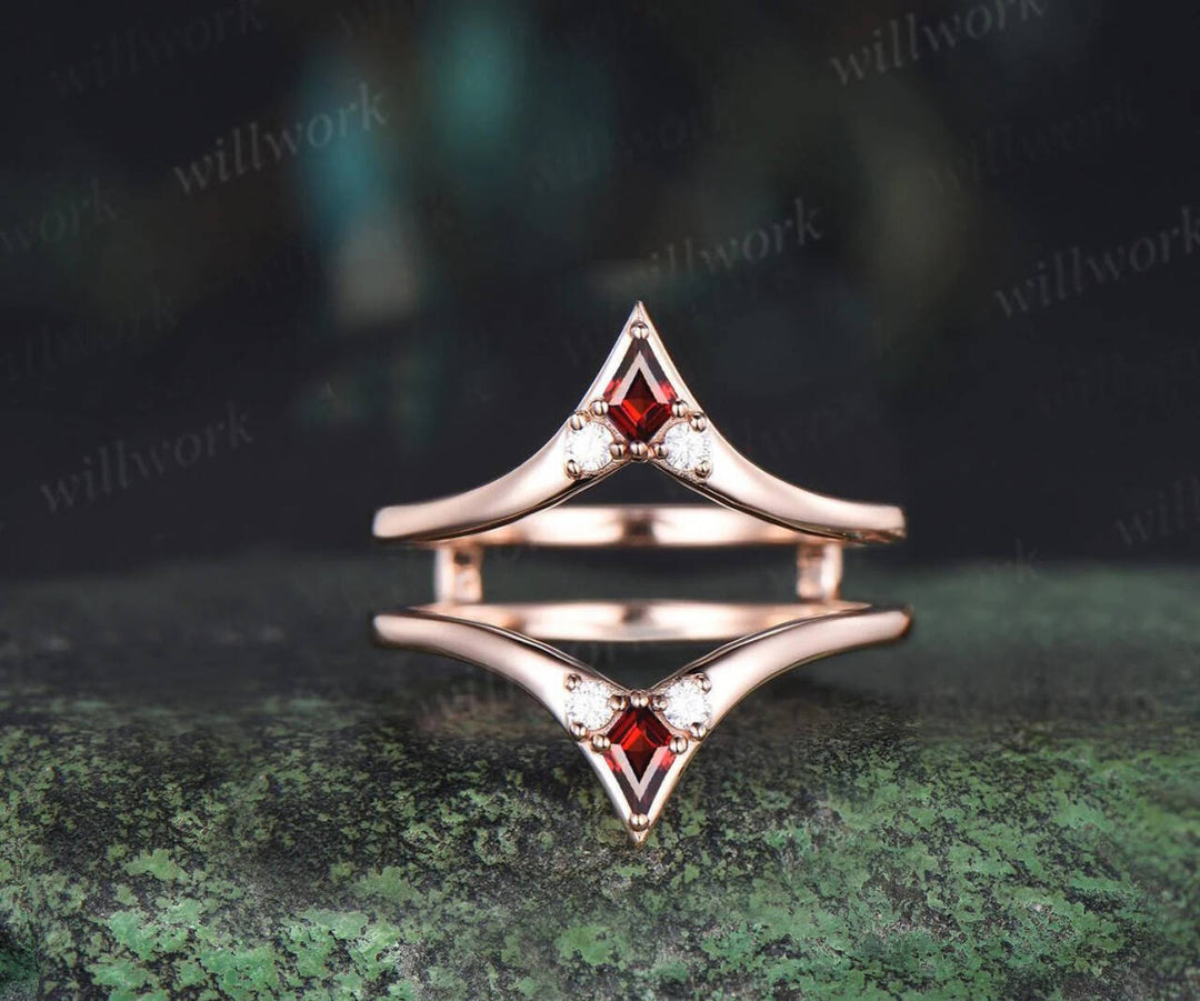 Kite hexagon cut red garnet engagement ring three stone 6 prong enhancer wedding bridal ring set