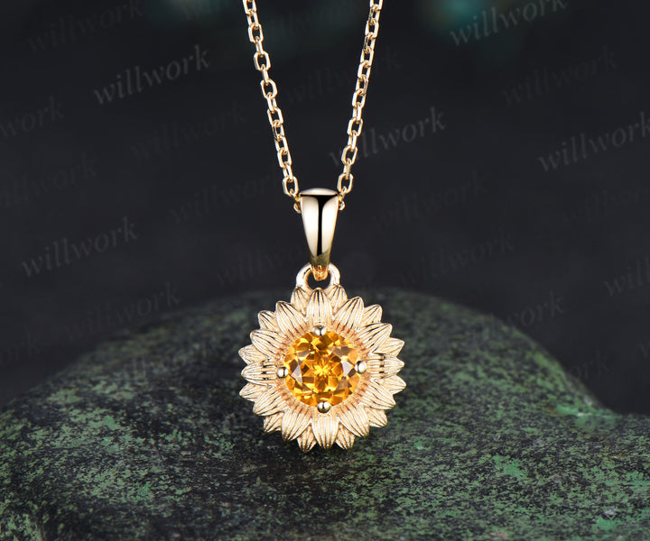 Round cut yellow citrine floral sun Necklace 14k yellow gold unique Solitaire Pendant women jewelry