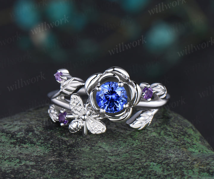 Vintage round cut natural sapphire engagement ring floral leaf bee amethyst wedding anniversary ring women
