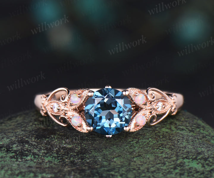 Round cut London blue topaz engagement ring vintage butterfly opal ring women 14k rose gold Milgrain diamond promise anniversary gift