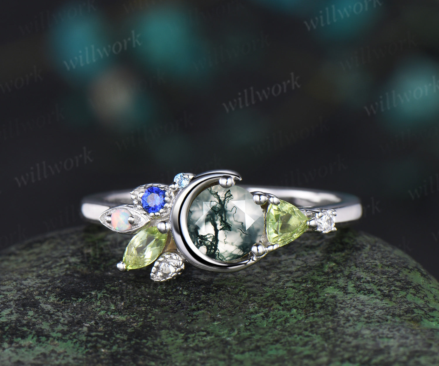 びっくちよこ 　WEIRDO GEMSTONE RING Round cut moss agate ring white gold peridot sapphire Multi-Stone