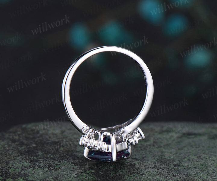 Asscher cut alexandrite engagement ring white gold cluster diamond promise wedding ring women color change gemstone ring