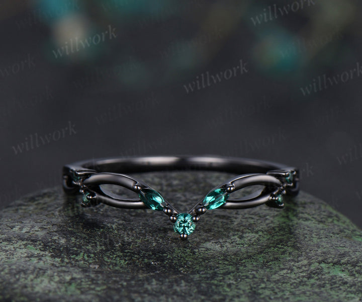 Curved emerald wedding band infinity marquise emerald stackable ring unique black gold wedding band for women
