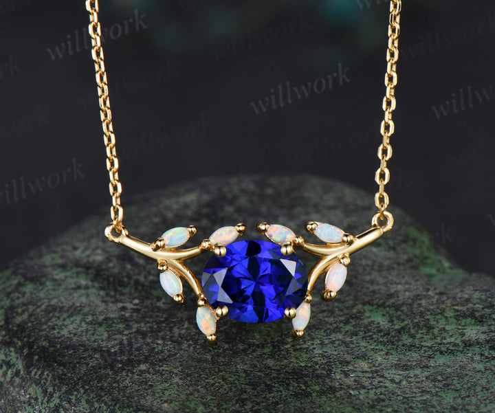 2ct oval blue sapphire Necklace East To West split shank cluster opal Pendant 14k gold anniversary gift women