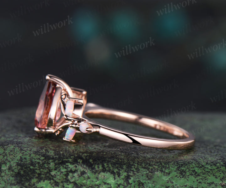 Pear cut pink Tourmaline engagement ring 14k rose gold leaf marquise opal ring antique wedding bridal ring women jewelry