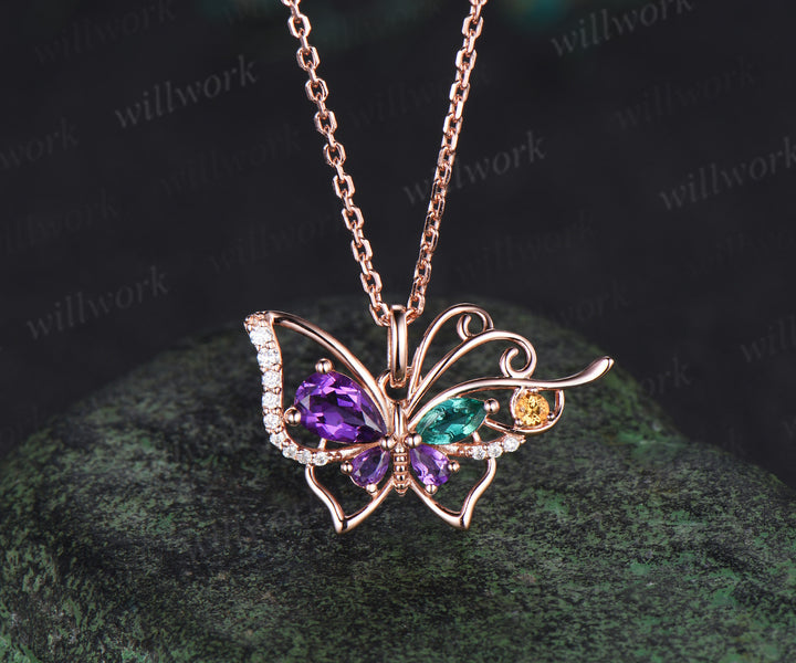 Pear amethyst butterfly necklace vintage emerald citrine filigree pendant elegant 14k rose gold necklace for women jewelry gifts