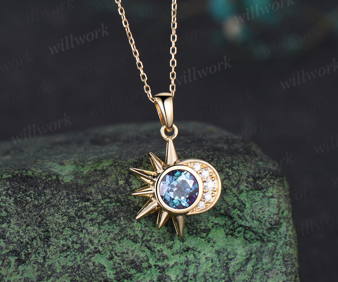 Delicate Round Cut Alexandrite Pendant Moissanite Moon Sun Necklace Minimalist 14k yellow Gold June Birthstone Alexandrite Christmas Necklace