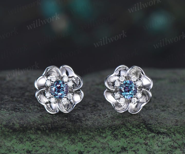 Dainty Round Cut Alexandrite Stud Earrings white gold Unique Nature Inspired Earrings Flower Earrings Art Deco June Birthstone Pierced Earrings Women