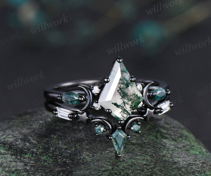 Black gold kite cut moss agate ring Unique crescent moon star engagement ring art deco delicate bridal wedding set handmade anniversary gift