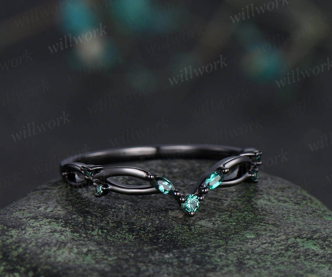 Curved emerald wedding band infinity marquise emerald stackable ring unique black gold wedding band for women