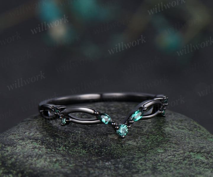 Curved emerald wedding band infinity marquise emerald stackable ring unique black gold wedding band for women
