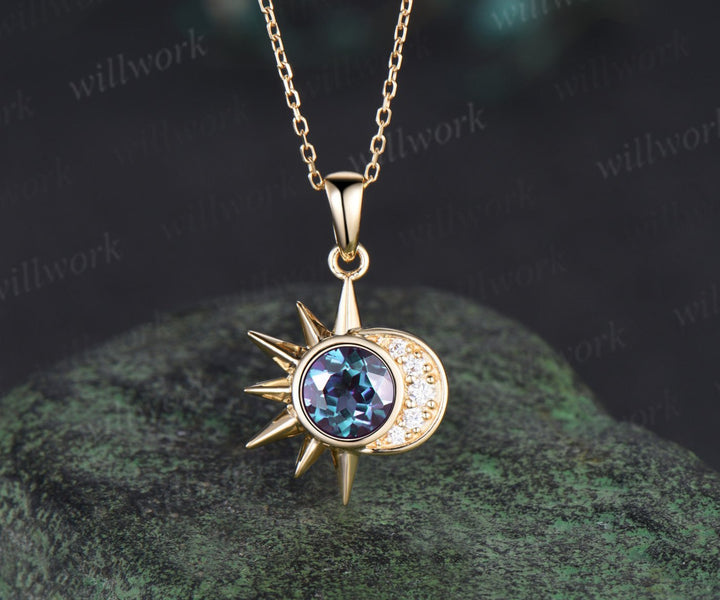 Delicate Round Cut Alexandrite Pendant Moissanite Moon Sun Necklace Minimalist 14k yellow Gold June Birthstone Alexandrite Christmas Necklace