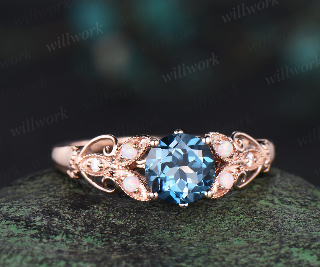 Round cut London blue topaz engagement ring vintage butterfly opal ring women 14k rose gold Milgrain diamond promise anniversary gift