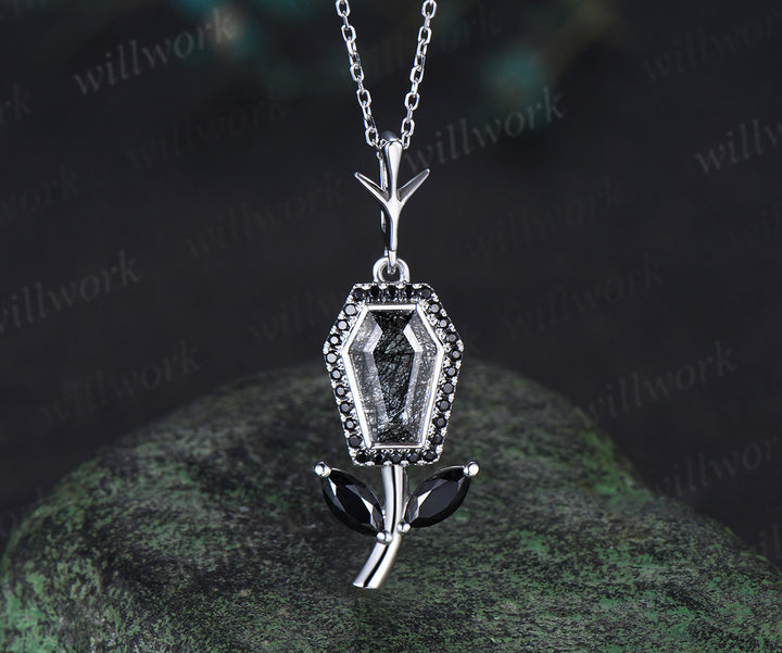 Vintage Coffin black rutilated quartz pendant necklace solid 14k 18k white gold halo black spinel Personalized anniversary Halloween Jewelry