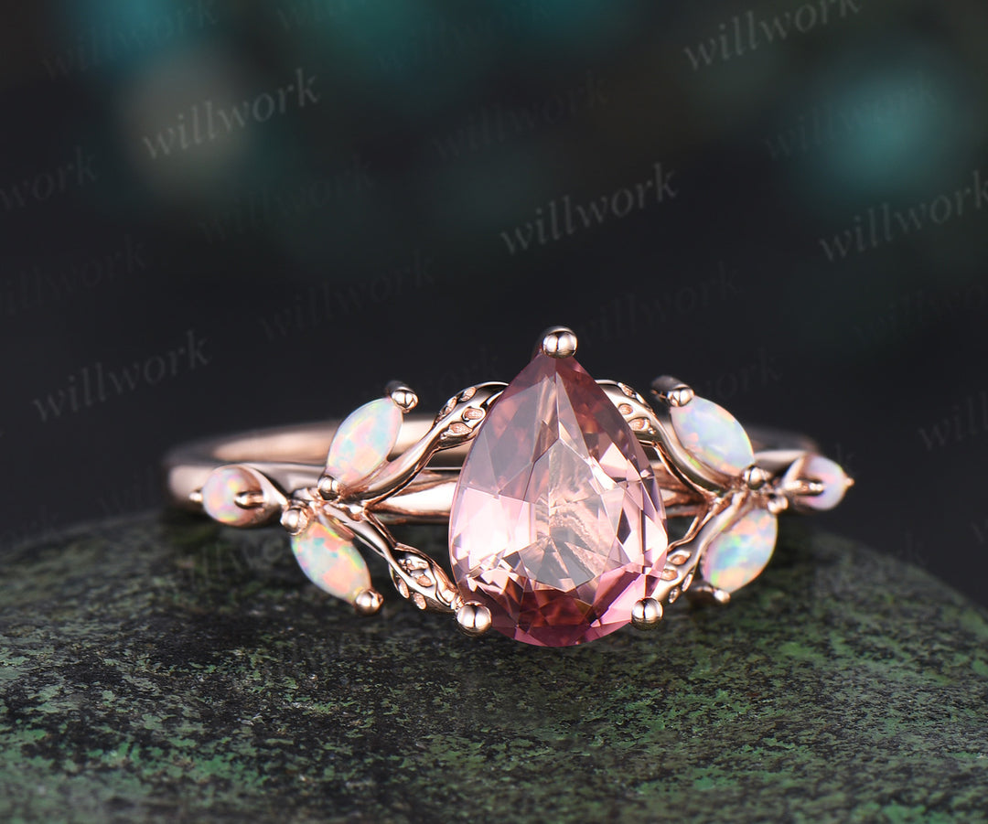 Pear cut pink Tourmaline engagement ring 14k rose gold leaf marquise opal ring antique wedding bridal ring women jewelry