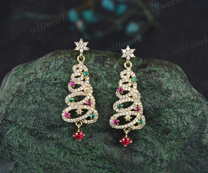 Christmas Tree Earrings Round Ruby Emerald Earrings Pave Moissanie Jewelry Xmas Gift for Women