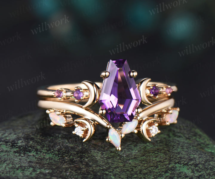 Coffin purple amethyst ring vintage five stone moon kite cut amethyst engagement ring set women opal wedding ring band anniversary gift