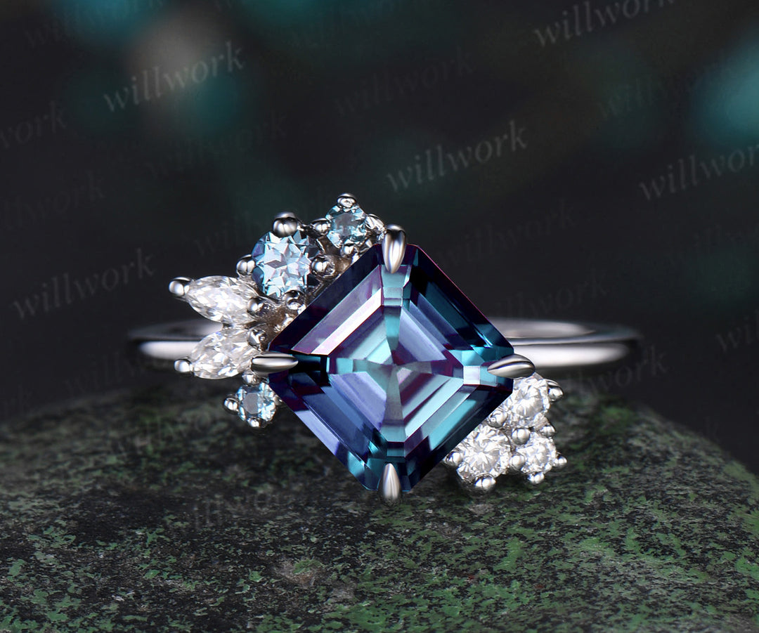 Asscher cut alexandrite engagement ring white gold cluster diamond promise wedding ring women color change gemstone ring