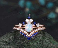 Vintage 5x7mm pear opal engagement ring ret 4 prongs opal half eternity diamond ring curved sapphire diamond wedding band