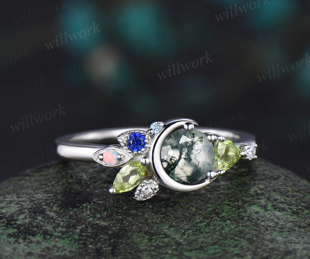 Round cut moss agate ring white gold peridot sapphire Multi-Stone Ring cluster moon Engagement Ring women gift